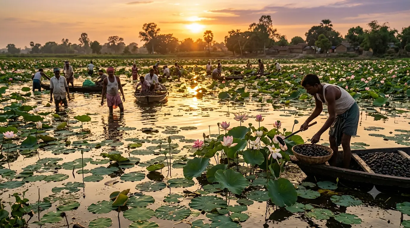 Lotus wetlands in India at golden hour where makhana is sourced